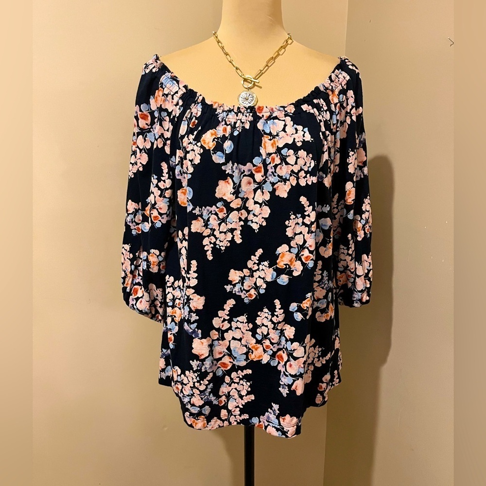 J. Jill Floral Navy & Light Pink Peasant  Style Top, size M